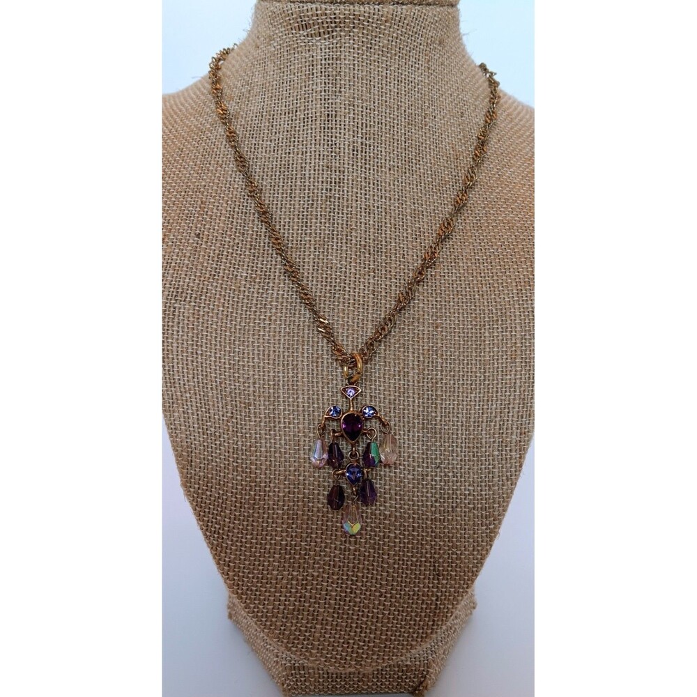 Vintage Goldtone Ornate Purple & AB Dangle Necklace 16-19 in